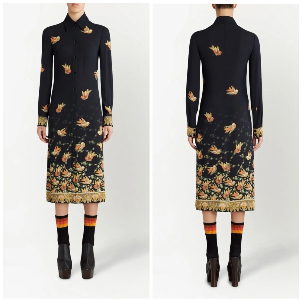 Etro Milano IT 48 Black Bird Print Stretch Sablé Shirt Dress Made Italy Luxury​
